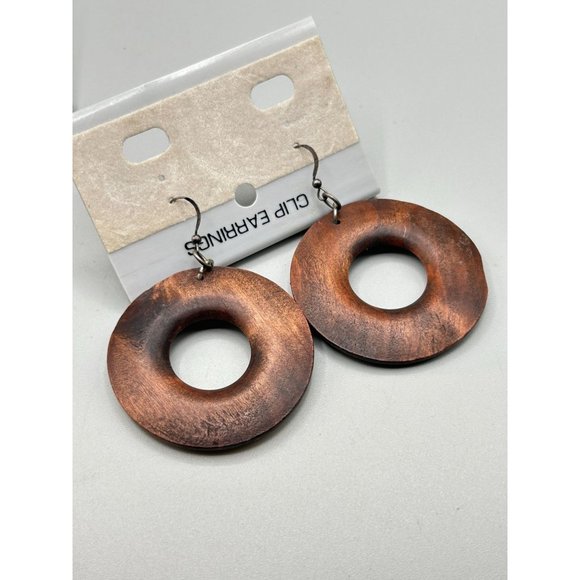 Vintage Statement Earrings Wood Rings w Cloisonne Flowers Sterling Silver Hooks - Picture 4 of 6